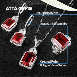 7.4 Carats Ruby Gemstones Pendant Earrings Ring 925 Sterling Silver Three Pieces Ruby Jewelry Sets For Women Engagement Wedding
