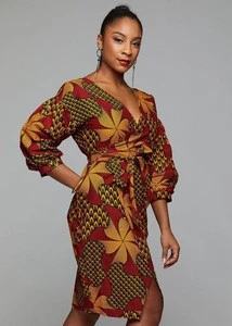 African Ankara wax print with Long Sleeve Wrap Around Dress