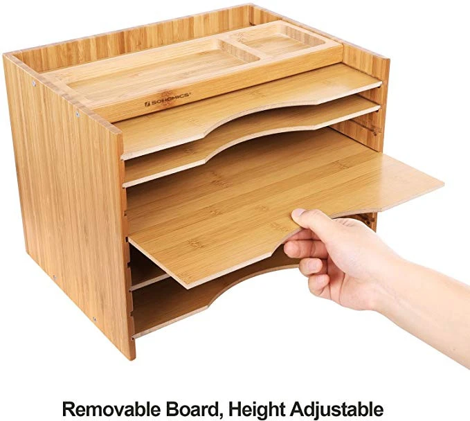 Bamboo File Organizer Paper Sorter with 5 Adjustable Shelves Top Storage Compartments Natural