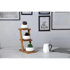 Bamboo Tray Stand White oblate Succulent Plant Planter Cactus Pot Flower Container for Home Office Decoration