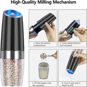 Battery Powered with LED Light Electric Gravity Automatic Pepper and Salt Grinder Set