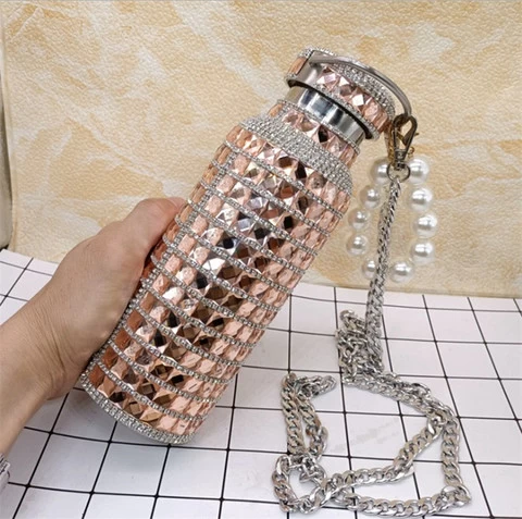 Bling Rhinestone Shine Stainless Steel Thermos/Water Bottle with Handle & Chain