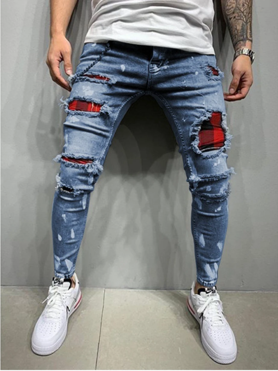 Calca mid waist plus size 3XL zipper skinny narrow bottom painted design patches ripped denim pants men jeans trousers