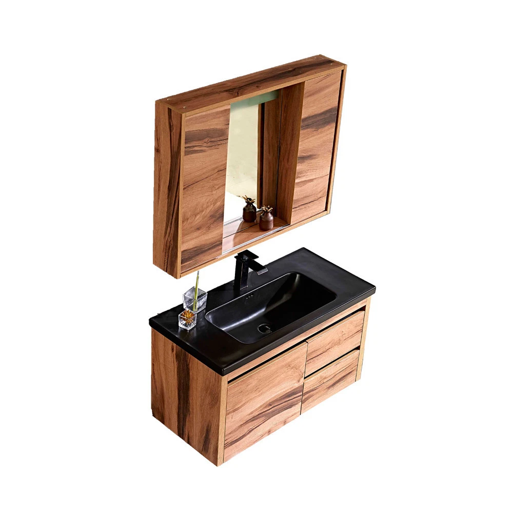 Classic hand wash bathroom furniture wall hung wood cabinet with mirror touch led light