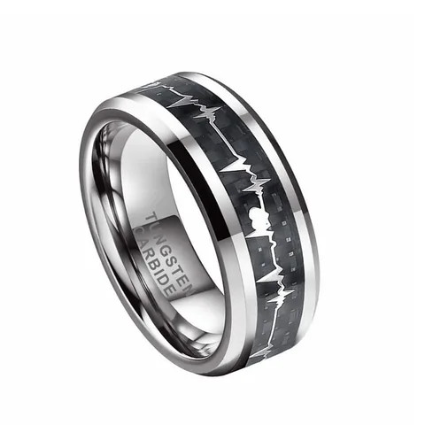 Cool style Jewelry 8mm Black Tungsten Carbide Ring Carbon Fiber Heartbeat Inlay Beveled Polished Rings For Men