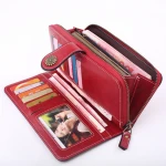 Custom Luxury Classic Pu Wax Leather Pierced Card Holder&Money Mobile Phone Slim Wallets for Female