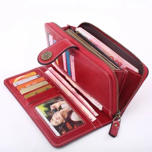 Custom Luxury Classic Pu Wax Leather Pierced Card Holder&amp;Money Mobile Phone Slim Wallets for Female