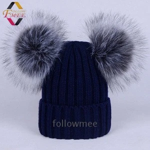 Custom Wholesale Winter women Cap Fold Beanie Caps Knit Pom Slouchy Acrylic Knitted Chunky Double Faux Fur balls hat