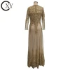Customize Ladies Elegant Aline Long Sleeve Gold Lace Evening Dresses