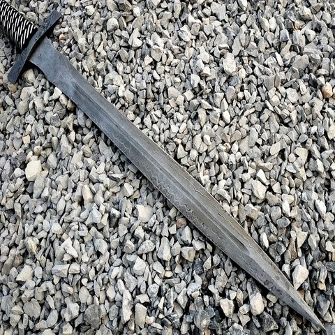 DAMASCUS STEEL LADDER PATTERN HUNTING SWORD WITH DAMASCUS GUARD & POMMEL SLING WRAPPED HANDLE