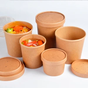Disposable Kraft paper soup bowls with paper lid, Snacks noodle takeaway paper cups, soup paper cups