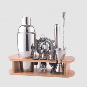 Factory Direct 25oz stainless steel bamboo wooden stand shaker bar tool set cocktail