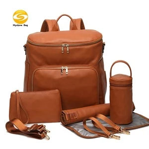 factory directly supplier diaper backpack,low MOQ brown vegan leather diaper bag backpack baby changing bag for mom and dad