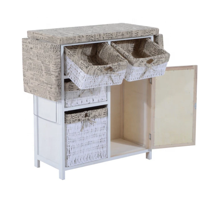 Factory Price Hot Wholesale Handmade White Wooden Folding Ironing Board Storage Cabinet with Wicker Baskets