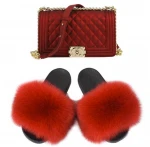 Factory wholesale pvc slides ladies raccoon fur slippers women soft real fox fur slides