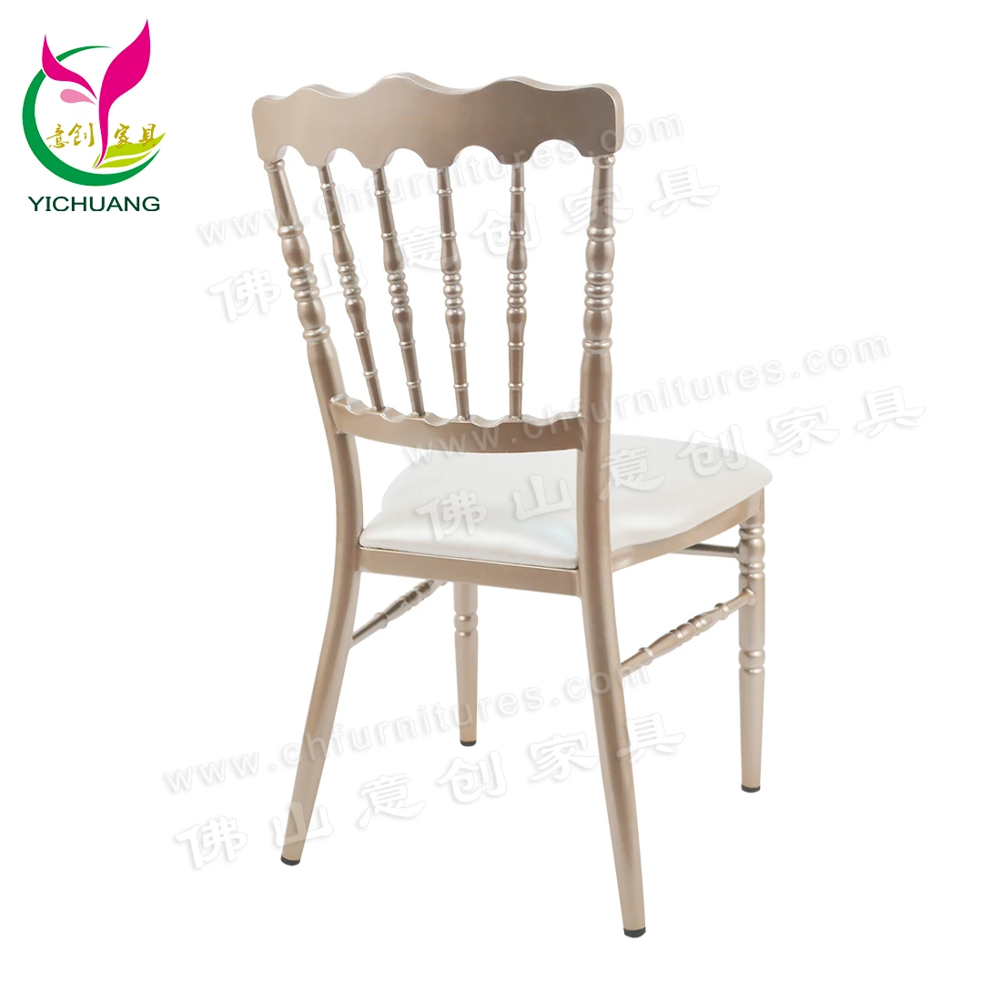 Fancy champagne gold aluminum stackable hotel event wedding banquet napoleon chairs with white cushion