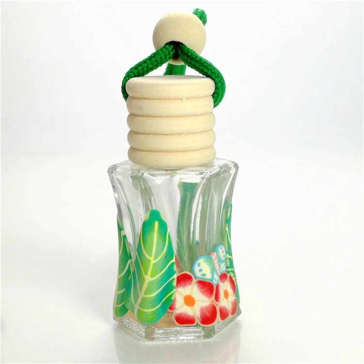 Fancy Polymerclay Hexagon 5Ml 8Ml 10Ml Hanging Rope Wooden Cap Glass Car Perfume Bottle Container