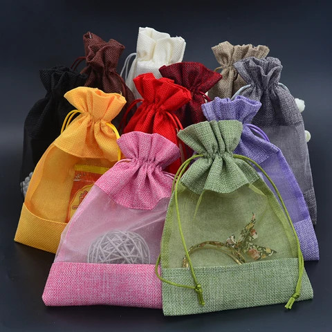 Fashionable Natural Jute Gift Bag with Organza Window Jute Pouch with Window