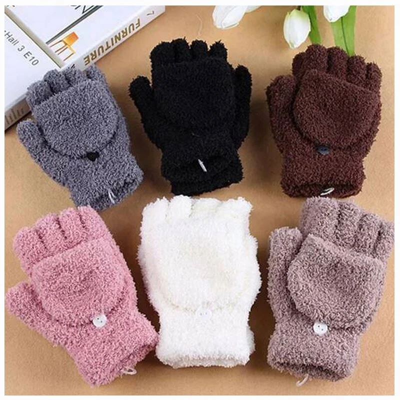 High Grade knitted fashion thicken outdoor clamshell warm coral wool women fingerless gloves