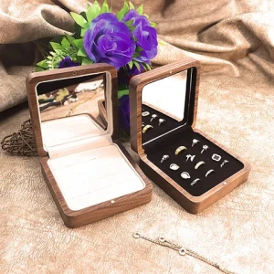 High Quality Black Walnut Custom Logo Magnetic Ring Set Display Box Travel Jewelry Box With Mirror Portable Wholesale