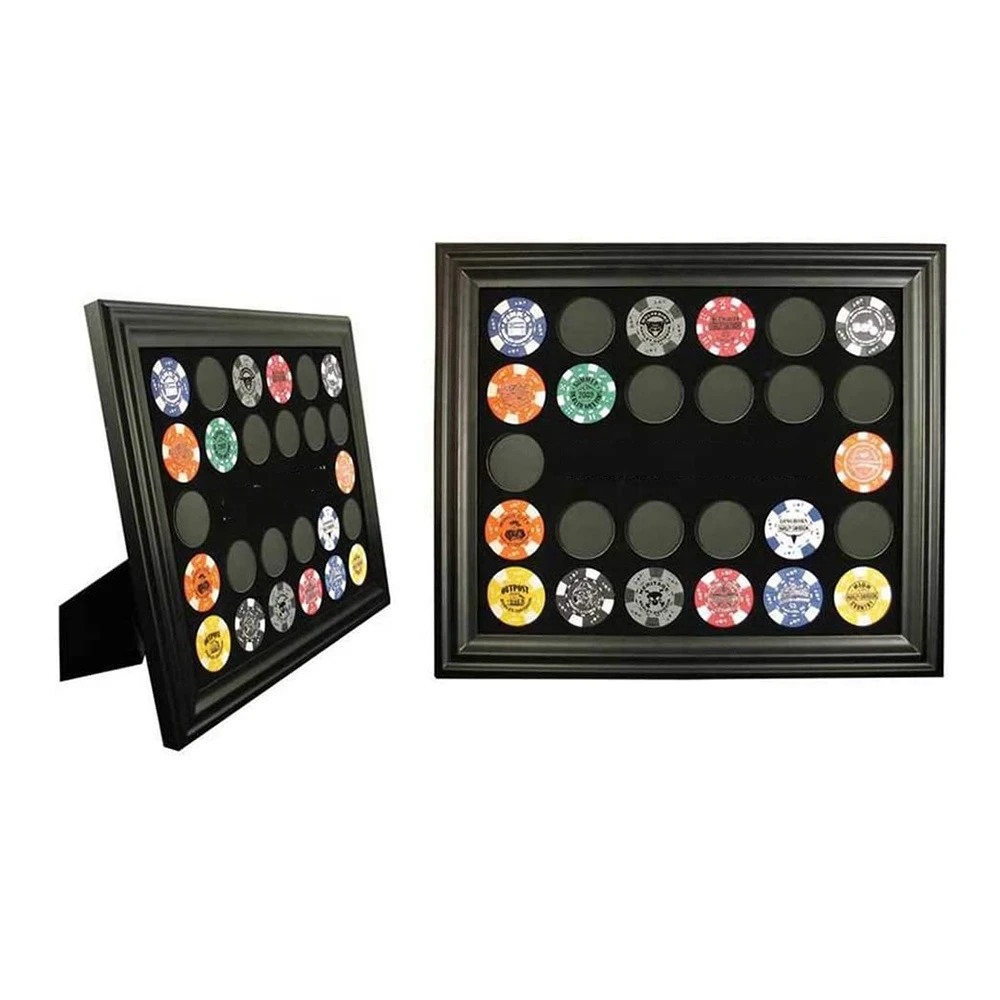 High quality black wood Holds 76 Shield Chip Collector Plastic Frame display case for home decoration