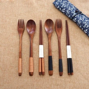 Japanese Style 3 pcs/set Wooden flatware Environment Cutlery for Children Nature Wood Fork Spoon Chopsticks Baby Dinnerware Set