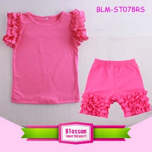 Kids Girl Boutique Clothing Sets Wholesale Cotton Pink Flutter Top And Ruffled Shorts Children&#039;s Outfit Two Pieces Sets
