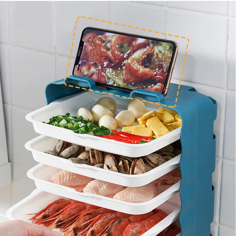 Kitchen Dish Organizer Plastic Hanging Wall Mounted Side Dish Plate Storage Rack with Mobile Phone Holder