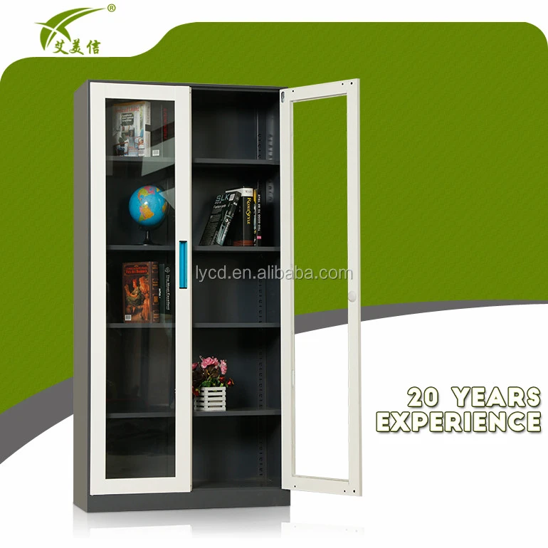 library use 2 glass door metal storage cabinet/steel book cabinet
