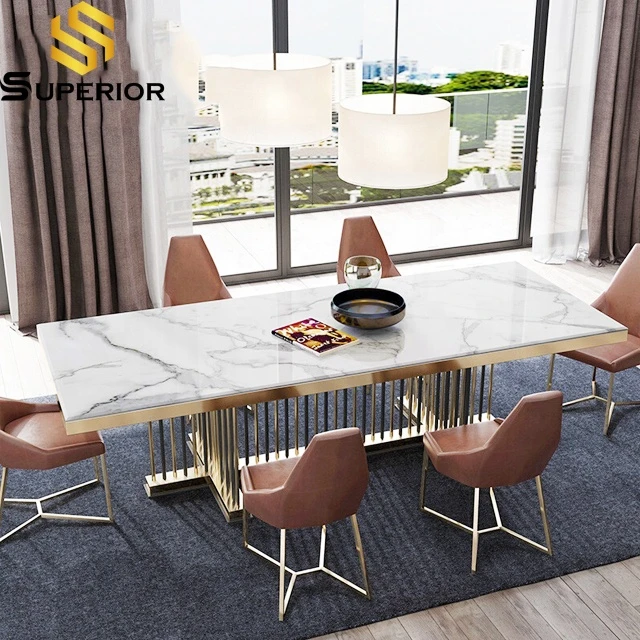 luxury marble dinning table set 6 chairs stainless steel furniture dining room table