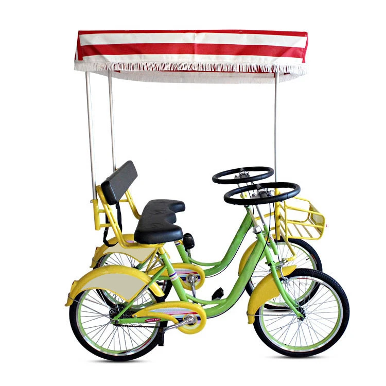 Modern 4 wheel tandem bike bicycle with canopy for sightseeing