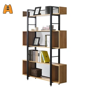 modern furniture bookcase, divider, industrial wood metal display and storage square frame W1200 3 tiers squared bookshelf