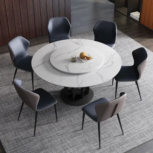 modern round dining table carbon steel stone top dining room table furniture with Turntable