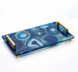 modern table decoration handle tray gold iron blue agate glass serving tray
