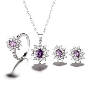 New Fashion 925 Silver Bride Jewelry Set with Purple Cz Stone Ring Earring Necklace Women Jewelry Set