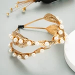 New Trendy Bling Women Hair Accessories Shining Rhinestone Crystal Pearl Hairband Gold Cross Leaves Bride Headband