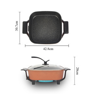 Non stick coating 1500w golden square plate bbq hot pot electric skillet with glass cover lid