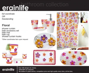 Polyester purple and yellow flower sunflower pattern pvc shower curtain bath mat bath rug bathroom set full coordinate