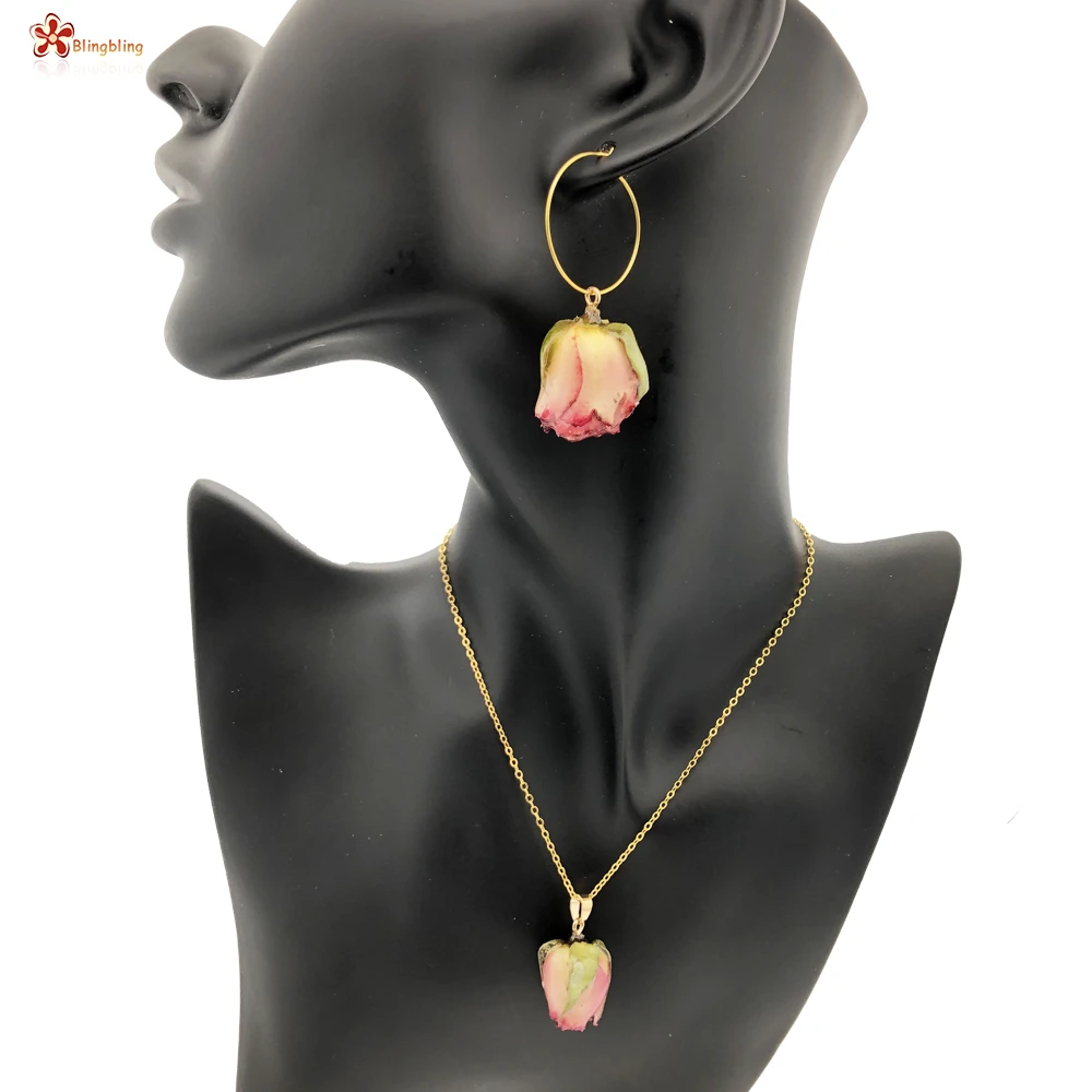 Real Flower Rose Pendants Blooming Bud Petal Flower Charms Women Earrings necklace in resin