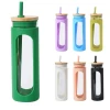 Reusable BPA Free Wide Mouth Wholesale Glass Drinking Water Bottles With Time Marker Reminder Protective Sleeve and lids