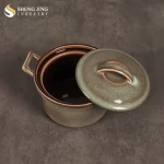 Rustic Color Glaze Kiln Speckled Round Ceramic Soup Stew Tureen Pot Bowl Porcelain With Lid Handles