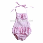 Seersucker bikini children swimsuit ruffled smocking girl beachwear baby summer swimwear with ruffle design