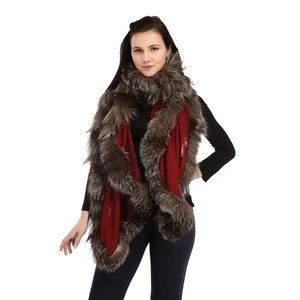 Silver Fox Fur trim cashmere shawl wrap real fur