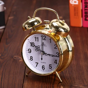 Small cheap funny antique alarm clock Gold double bell alarm clock ringing bell