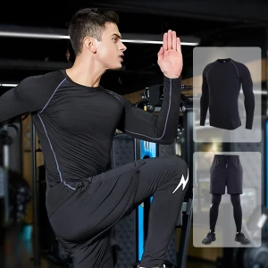 Solid color men long sleeve sports two-piece suit breathable training wear High elasticity and quick drying gym suit