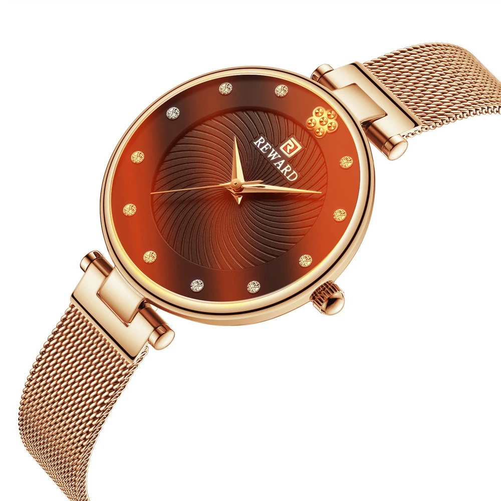 Spot REWARD Luxury Ultra-thin Womens Watches Fashion Color Glass Analog Quartz Watch Women Mesh Casual Waterproof Wrist Watch