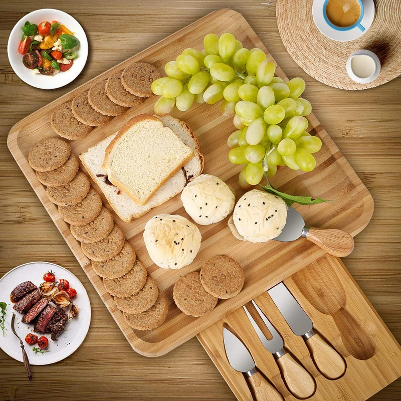 Square bamboo cheese cutting board with knife and fork set
