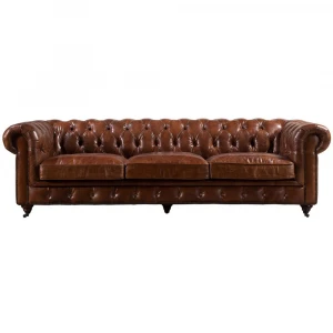 Vintage Chesterfield Genuine Leather Sofa With Cushion Classical Home Furniture Button Tufted Back