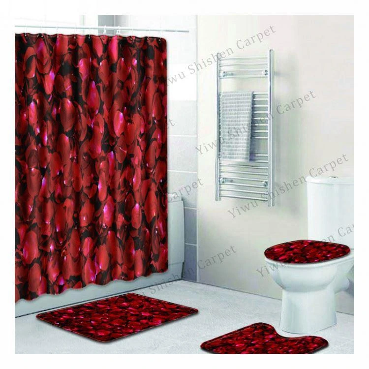 Waterproof polyester fabric bathroom 4 pieces bath rug sets with custom Logo print shower 3d curtains toilet cotton bath mat