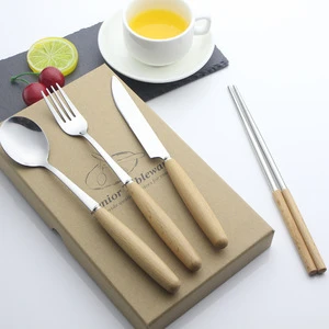 wholesale 410 stainless steel wooden handle flatware set with box chopstick fork knife spoon 4pcs in 1 box for kitchen gift